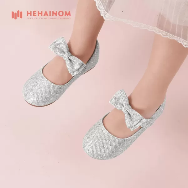 Hehainom Toddler Flower Girls Dress Shoes Mary Jane Princess Ballet Flats with Bow and Peals for Party SchoolAlisa Silver Glitter
