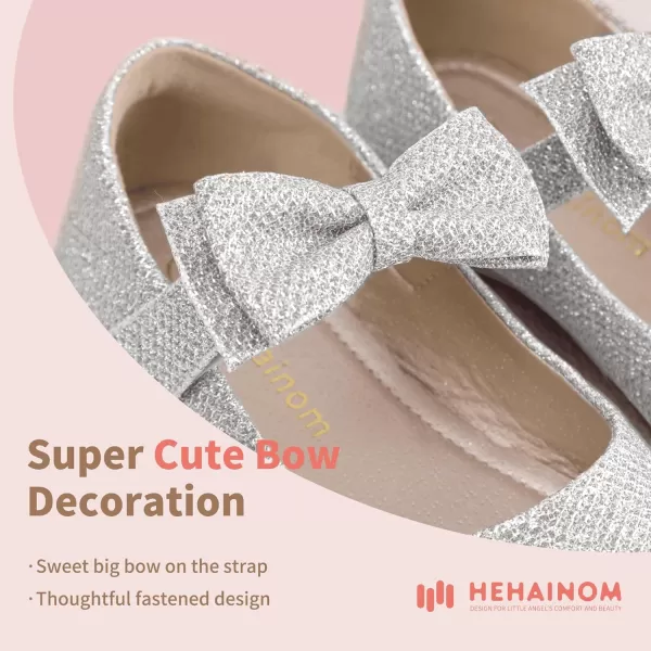 Hehainom Toddler Flower Girls Dress Shoes Mary Jane Princess Ballet Flats with Bow and Peals for Party SchoolAlisa Silver Glitter