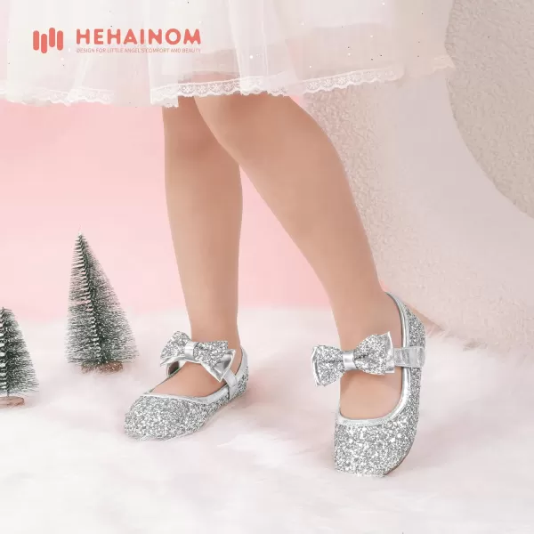 Hehainom Toddler Flower Girls Dress Shoes Mary Jane Princess Ballet Flats with Bow and Peals for Party SchoolAlisa Silver Sequin