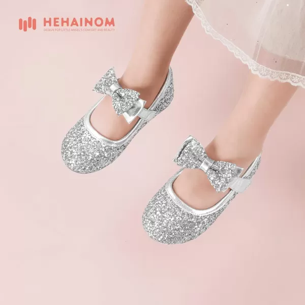 Hehainom Toddler Flower Girls Dress Shoes Mary Jane Princess Ballet Flats with Bow and Peals for Party SchoolAlisa Silver Sequin