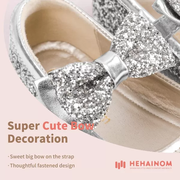 Hehainom Toddler Flower Girls Dress Shoes Mary Jane Princess Ballet Flats with Bow and Peals for Party SchoolAlisa Silver Sequin