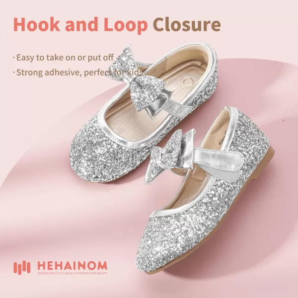 Hehainom Toddler Flower Girls Dress Shoes Mary Jane Princess Ballet Flats with Bow and Peals for Party SchoolAlisa Silver Sequin