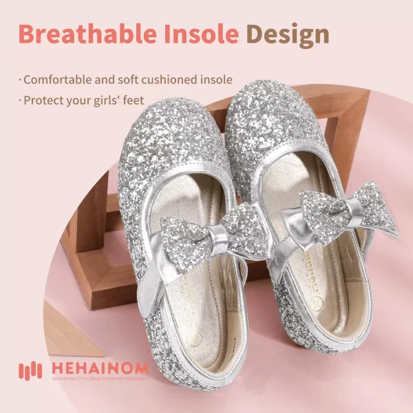 Hehainom Toddler Flower Girls Dress Shoes Mary Jane Princess Ballet Flats with Bow and Peals for Party SchoolAlisa Silver Sequin