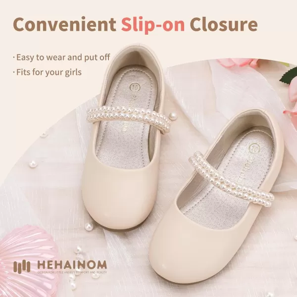 Hehainom Toddler Flower Girls Dress Shoes Mary Jane Princess Ballet Flats with Bow and Peals for Party SchoolBeige Pu