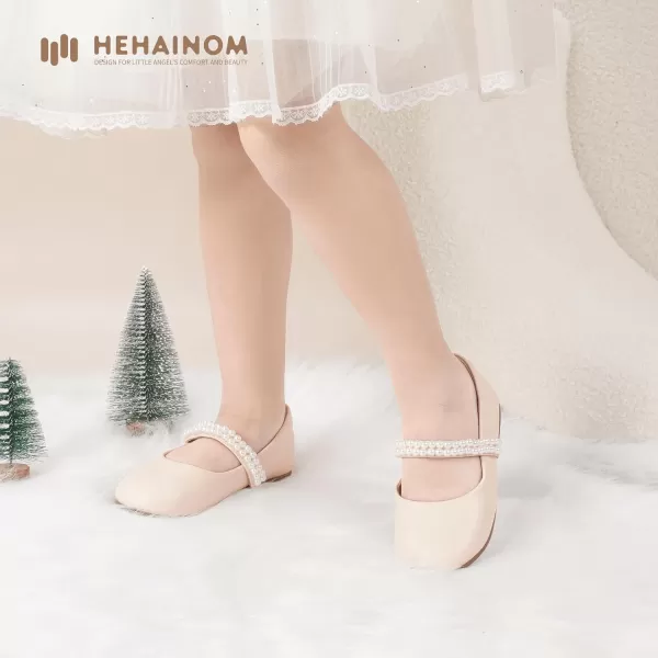 Hehainom Toddler Flower Girls Dress Shoes Mary Jane Princess Ballet Flats with Bow and Peals for Party SchoolBeige Pu