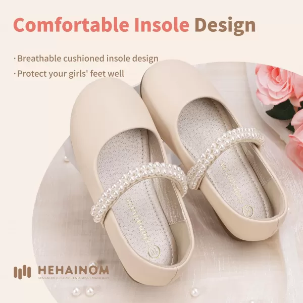 Hehainom Toddler Flower Girls Dress Shoes Mary Jane Princess Ballet Flats with Bow and Peals for Party SchoolBeige Pu