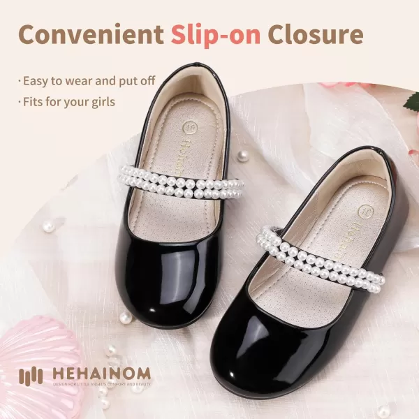 Hehainom Toddler Flower Girls Dress Shoes Mary Jane Princess Ballet Flats with Bow and Peals for Party SchoolBlack Patent