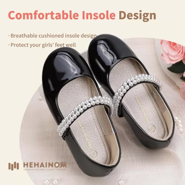 Hehainom Toddler Flower Girls Dress Shoes Mary Jane Princess Ballet Flats with Bow and Peals for Party SchoolBlack Patent