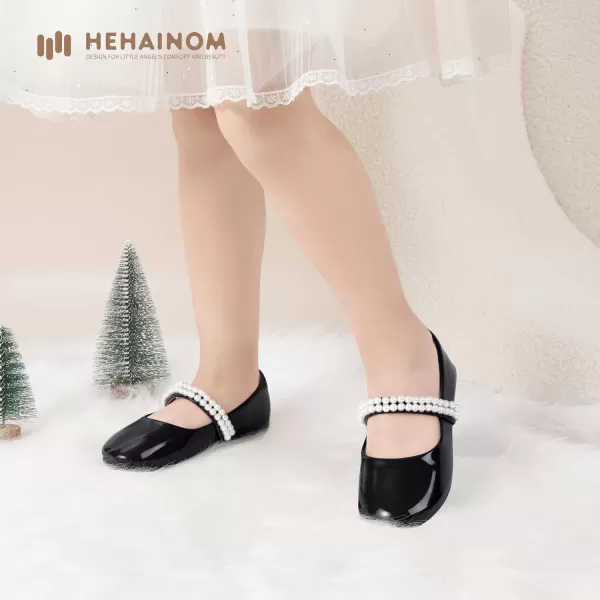 Hehainom Toddler Flower Girls Dress Shoes Mary Jane Princess Ballet Flats with Bow and Peals for Party SchoolBlack Patent