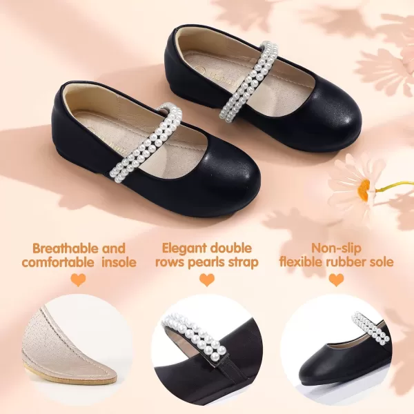 Hehainom Toddler Flower Girls Dress Shoes Mary Jane Princess Ballet Flats with Bow and Peals for Party SchoolBlack Pu