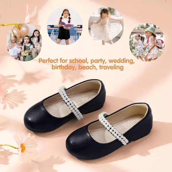 Hehainom Toddler Flower Girls Dress Shoes Mary Jane Princess Ballet Flats with Bow and Peals for Party SchoolBlack Pu