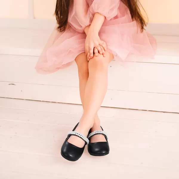 Hehainom Toddler Flower Girls Dress Shoes Mary Jane Princess Ballet Flats with Bow and Peals for Party SchoolBlack Pu