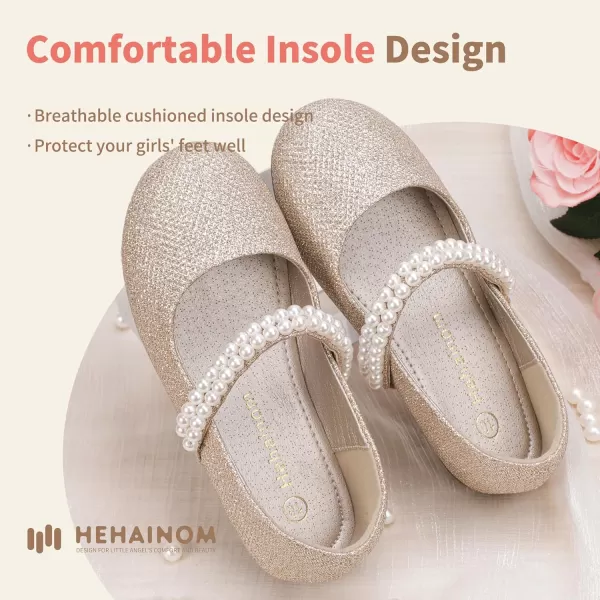 Hehainom Toddler Flower Girls Dress Shoes Mary Jane Princess Ballet Flats with Bow and Peals for Party SchoolGold Glitter