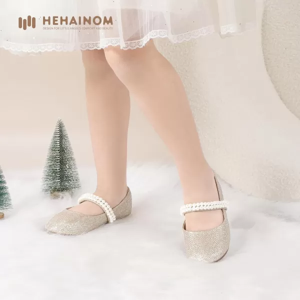 Hehainom Toddler Flower Girls Dress Shoes Mary Jane Princess Ballet Flats with Bow and Peals for Party SchoolGold Glitter