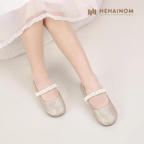 Hehainom Toddler Flower Girls Dress Shoes Mary Jane Princess Ballet Flats with Bow and Peals for Party SchoolGold Glitter