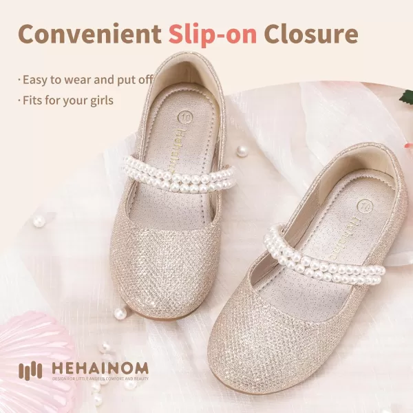 Hehainom Toddler Flower Girls Dress Shoes Mary Jane Princess Ballet Flats with Bow and Peals for Party SchoolGold Glitter