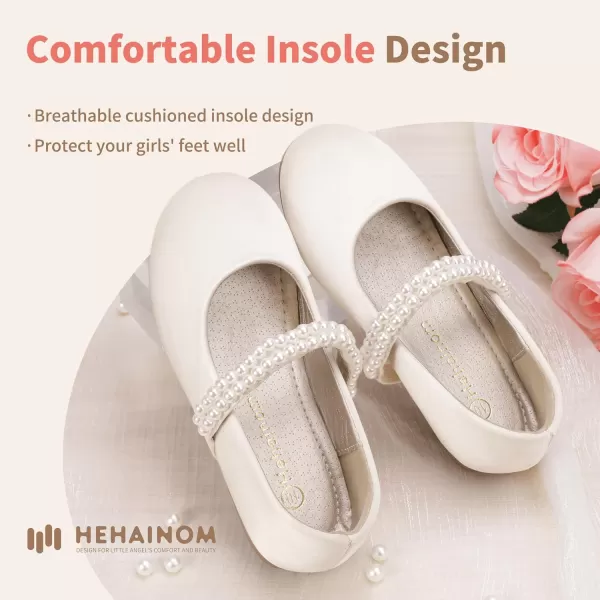 Hehainom Toddler Flower Girls Dress Shoes Mary Jane Princess Ballet Flats with Bow and Peals for Party SchoolIvory Satin