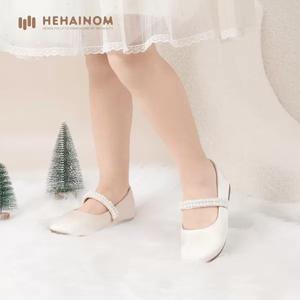 Hehainom Toddler Flower Girls Dress Shoes Mary Jane Princess Ballet Flats with Bow and Peals for Party SchoolIvory Satin