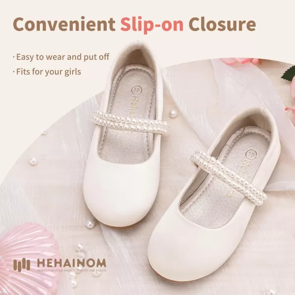 Hehainom Toddler Flower Girls Dress Shoes Mary Jane Princess Ballet Flats with Bow and Peals for Party SchoolIvory Satin