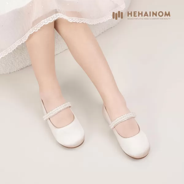 Hehainom Toddler Flower Girls Dress Shoes Mary Jane Princess Ballet Flats with Bow and Peals for Party SchoolIvory Satin