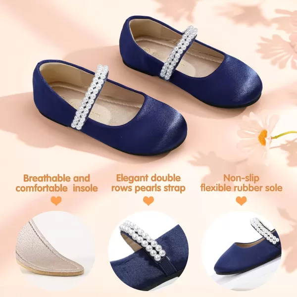 Hehainom Toddler Flower Girls Dress Shoes Mary Jane Princess Ballet Flats with Bow and Peals for Party SchoolNavy Satin