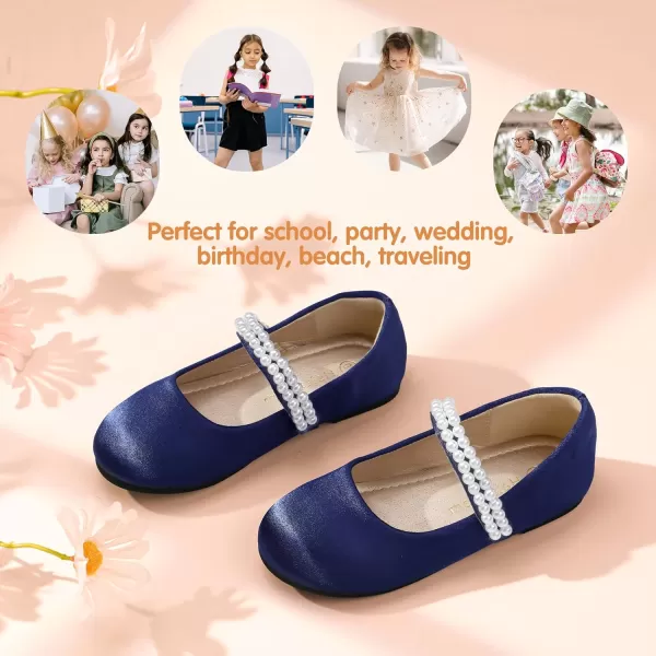 Hehainom Toddler Flower Girls Dress Shoes Mary Jane Princess Ballet Flats with Bow and Peals for Party SchoolNavy Satin