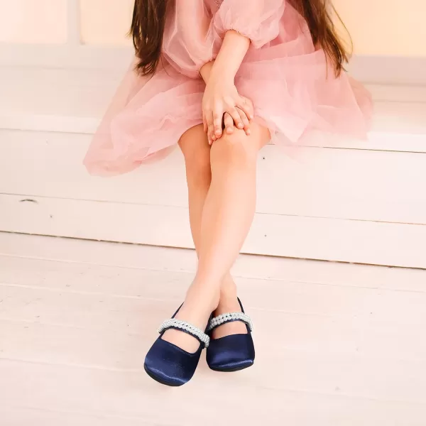 Hehainom Toddler Flower Girls Dress Shoes Mary Jane Princess Ballet Flats with Bow and Peals for Party SchoolNavy Satin