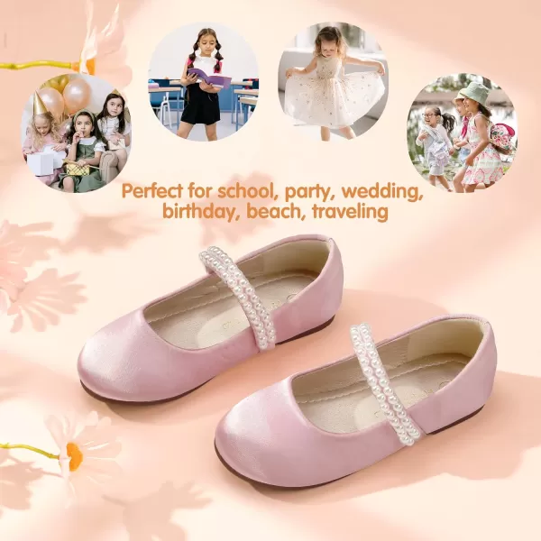Hehainom Toddler Flower Girls Dress Shoes Mary Jane Princess Ballet Flats with Bow and Peals for Party SchoolPink Satin