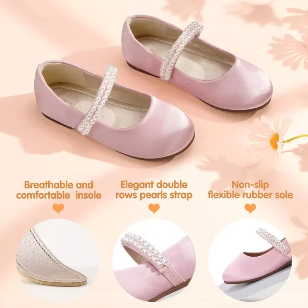 Hehainom Toddler Flower Girls Dress Shoes Mary Jane Princess Ballet Flats with Bow and Peals for Party SchoolPink Satin