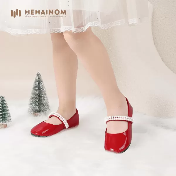 Hehainom Toddler Flower Girls Dress Shoes Mary Jane Princess Ballet Flats with Bow and Peals for Party SchoolRed Patent