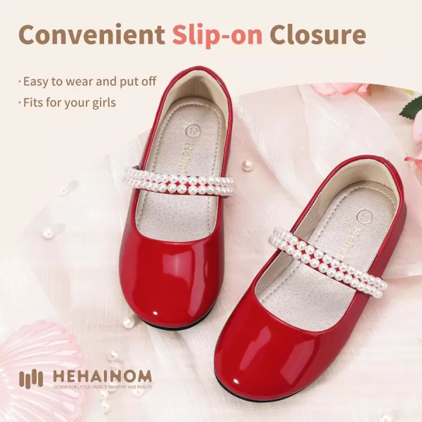 Hehainom Toddler Flower Girls Dress Shoes Mary Jane Princess Ballet Flats with Bow and Peals for Party SchoolRed Patent