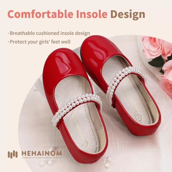 Hehainom Toddler Flower Girls Dress Shoes Mary Jane Princess Ballet Flats with Bow and Peals for Party SchoolRed Patent