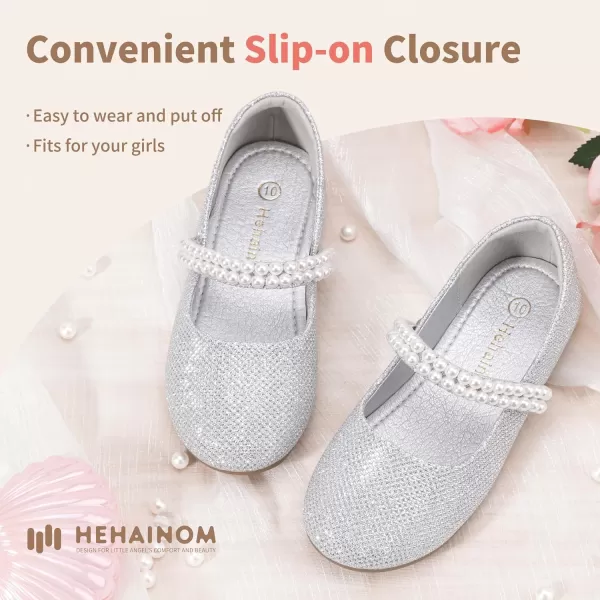 Hehainom Toddler Flower Girls Dress Shoes Mary Jane Princess Ballet Flats with Bow and Peals for Party SchoolSilver Glitter