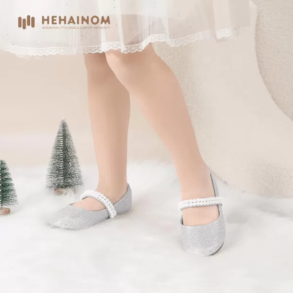 Hehainom Toddler Flower Girls Dress Shoes Mary Jane Princess Ballet Flats with Bow and Peals for Party SchoolSilver Glitter