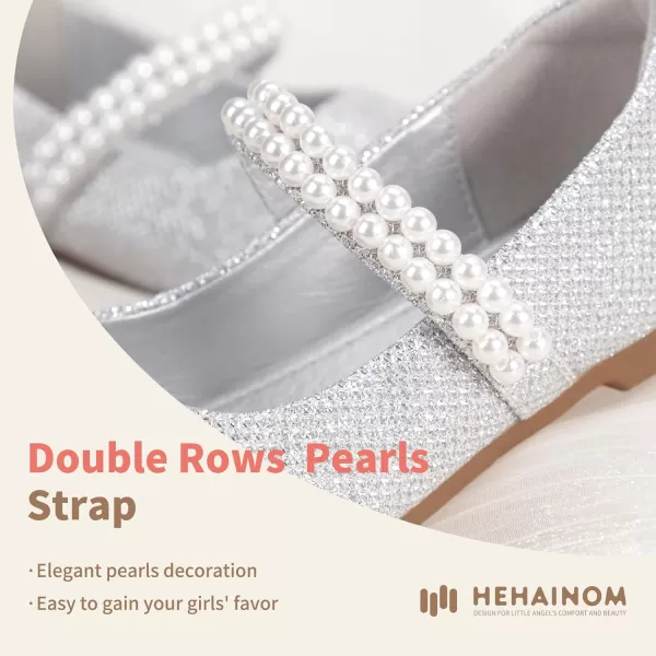 Hehainom Toddler Flower Girls Dress Shoes Mary Jane Princess Ballet Flats with Bow and Peals for Party SchoolSilver Glitter