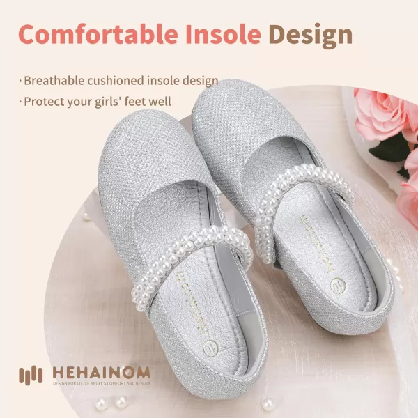Hehainom Toddler Flower Girls Dress Shoes Mary Jane Princess Ballet Flats with Bow and Peals for Party SchoolSilver Glitter