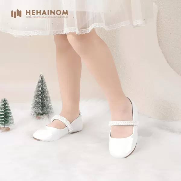 Hehainom Toddler Flower Girls Dress Shoes Mary Jane Princess Ballet Flats with Bow and Peals for Party SchoolWhite Patent