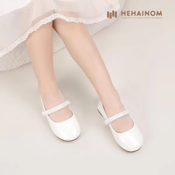 Hehainom Toddler Flower Girls Dress Shoes Mary Jane Princess Ballet Flats with Bow and Peals for Party SchoolWhite Patent