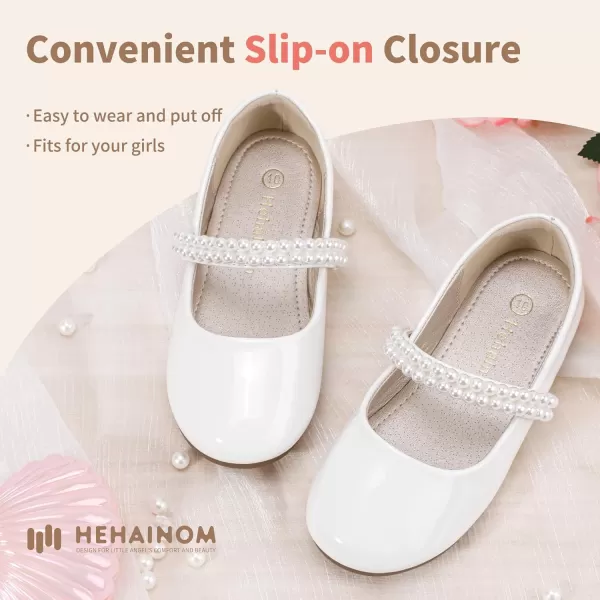 Hehainom Toddler Flower Girls Dress Shoes Mary Jane Princess Ballet Flats with Bow and Peals for Party SchoolWhite Patent