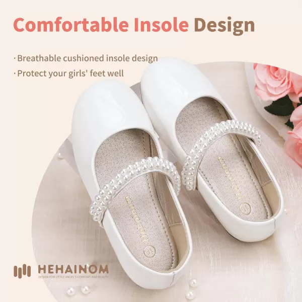 Hehainom Toddler Flower Girls Dress Shoes Mary Jane Princess Ballet Flats with Bow and Peals for Party SchoolWhite Patent
