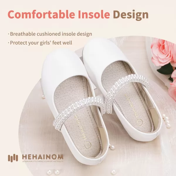 Hehainom Toddler Flower Girls Dress Shoes Mary Jane Princess Ballet Flats with Bow and Peals for Party SchoolWhite Pu