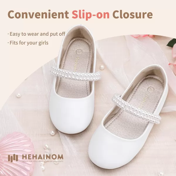 Hehainom Toddler Flower Girls Dress Shoes Mary Jane Princess Ballet Flats with Bow and Peals for Party SchoolWhite Pu