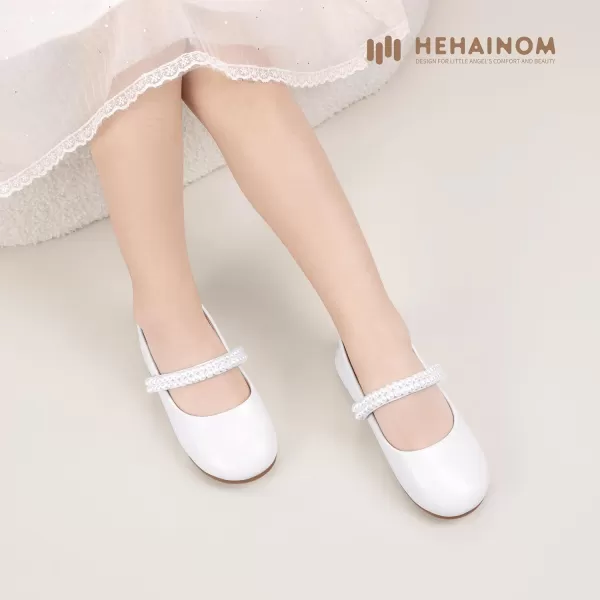 Hehainom Toddler Flower Girls Dress Shoes Mary Jane Princess Ballet Flats with Bow and Peals for Party SchoolWhite Pu