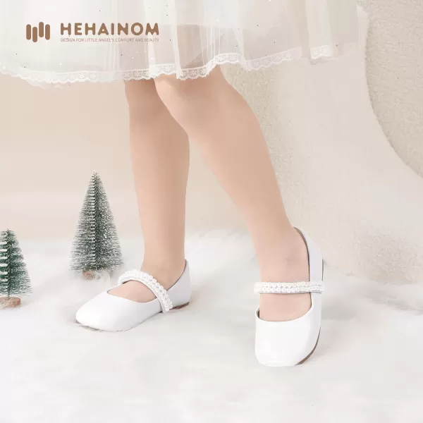 Hehainom Toddler Flower Girls Dress Shoes Mary Jane Princess Ballet Flats with Bow and Peals for Party SchoolWhite Pu