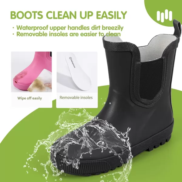 Hehainom Toddler Kids Rain Boots for Girls Boys Waterproof Rainboots Easyon Light Weight Chelsea Rain ShoesBlack