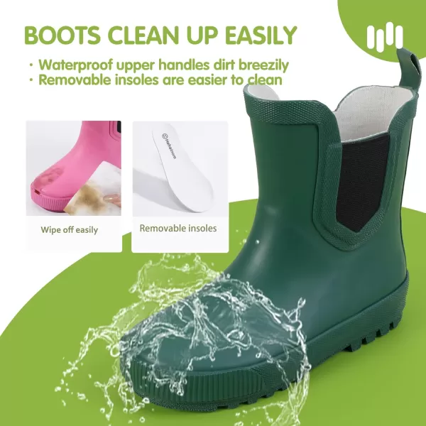 Hehainom Toddler Kids Rain Boots for Girls Boys Waterproof Rainboots Easyon Light Weight Chelsea Rain ShoesGreen