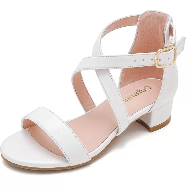 Dufannie Girls Sandals Low Heels Dress Pump Ankle Strap Open Toe Flower Girl Wedding Party for Toddler Little Big KidCross Pu White