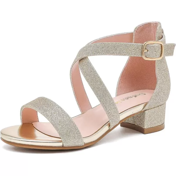 Dufannie Girls Sandals Low Heels Dress Pump Ankle Strap Open Toe Flower Girl Wedding Party for Toddler Little Big KidCross Shimmer Gold