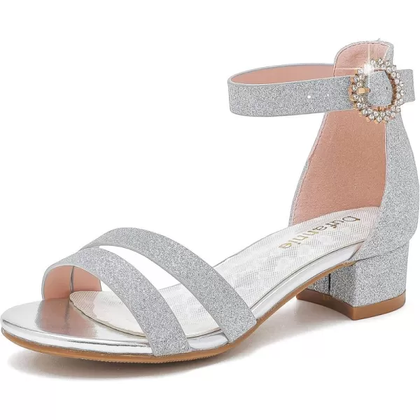 Dufannie Girls Sandals Low Heels Dress Pump Ankle Strap Open Toe Flower Girl Wedding Party for Toddler Little Big KidDouble Shimmer Silver