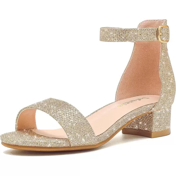 Dufannie Girls Sandals Low Heels Dress Pump Ankle Strap Open Toe Flower Girl Wedding Party for Toddler Little Big KidSingle Glitter Cham